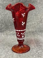 Fenton 7" Ruby Red Vase Floral Hand Painted 2007