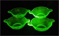4 Vintage Uranium Green Depression Glass Fan