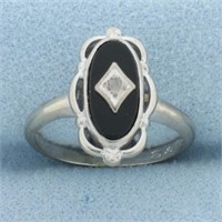 Antique Rose Cut Diamond and Onyx Ring in 10k Whit