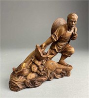 Chinese Wood Carving of Fisherman with Nets
