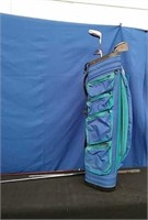 Green and Blue Golf Bag with 6 Clubs