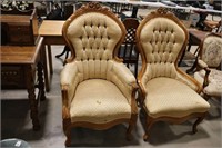 PAIR OF UPHOLSTERED HIS AND HER CHAIRS