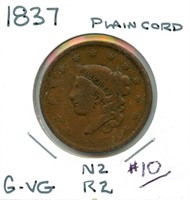 1837 Large Cent - Full Liberty, Plain Cord, G-VG