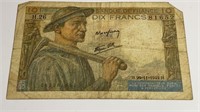 WW2 era 1942 French Currency 10 Francs