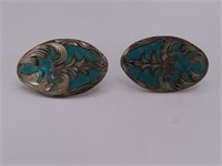 Sterling TurquoiseInlay 1" Earrings 12g ClipOn
