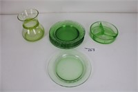 7 green Pyrex plates, vase, pitcher and 3