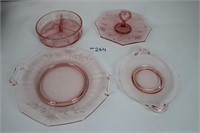 Pink depression glass pieces 3 trays, 3 way