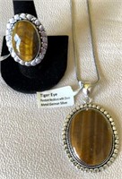 Tiger Eye Pendant & Ring German Silver 18" Chain