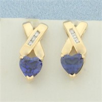 Heart Sapphire and Diamond Earrings in 14k Yellow