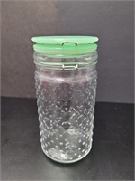 Vtg Clear Glass Canister Jar w/Green Lid