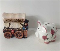2 Vintage Ceramic Banks: Pig & Stage Coach U13C