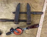Vintage wood clamp and hand drill