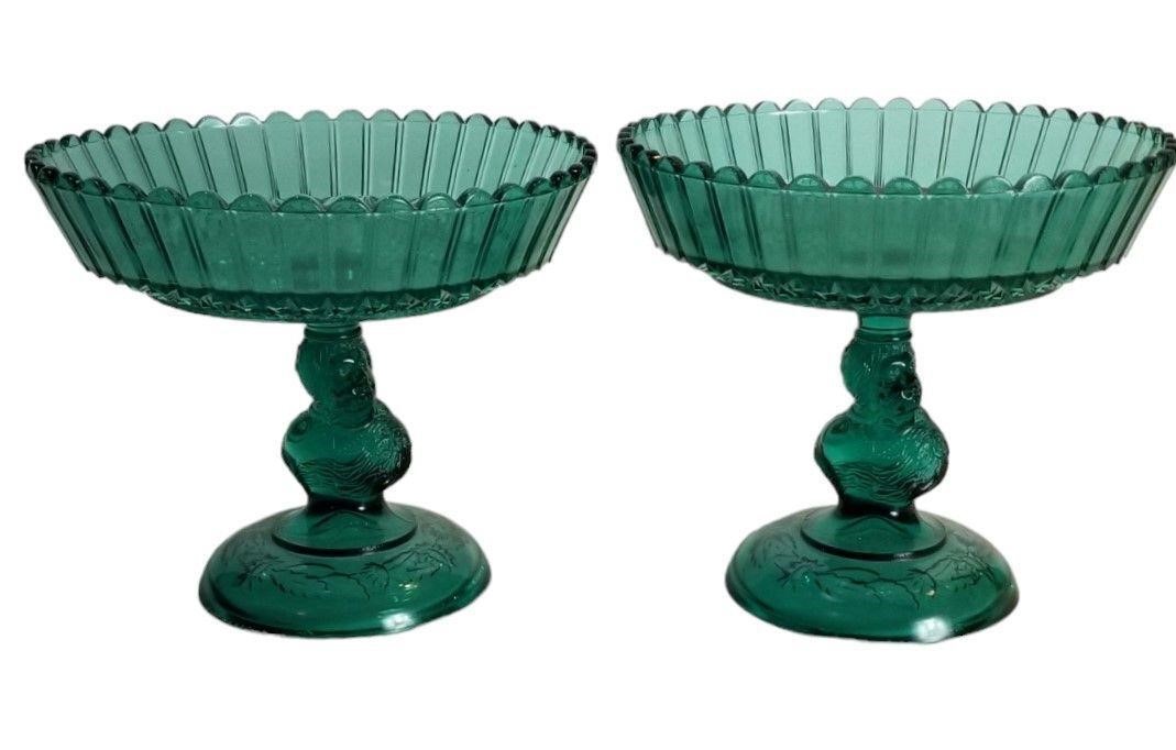 Pair Teal Antique Jenny Lind Compotes