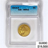 1913-S $5 Gold Half Eagle ICG MS63