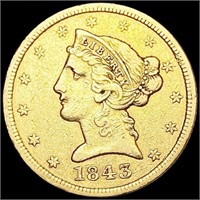 1843 $5 Gold Half Eagle ABOUT UNCIRCULATED