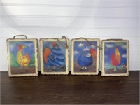 Ceramic Tile Painted Chickens Rooster Wall Hanging