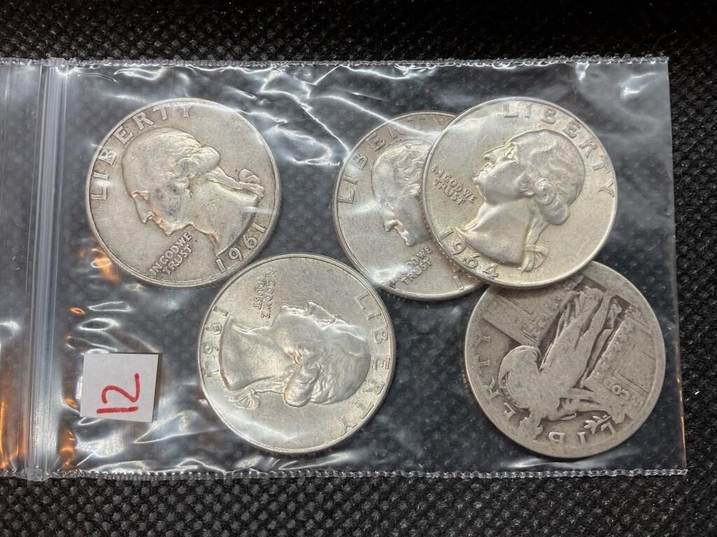 LOT OF 5 ASSORTED DATE SILVER QUARTERS