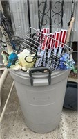 Rolling Rubbermaid Garbage Can with Garden Items