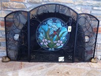 Stain Glass Fireplace Screen w/Bird Holders