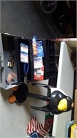 TOOL BOX WITH MISC ITEMS AND PENGUIN PAPER TOWEL