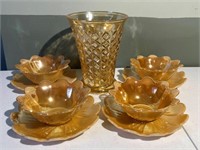 Amber Glass Vase & Flower Bowls