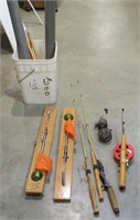 Ice Fishing Poles & Bucket of Misc Fishing Items