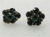 Vintage Green Rhinestone Blossom Earrings, Screw B