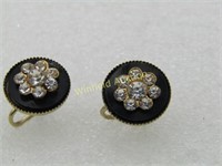 Vintage Black & Clear Rhinestone Earrings, Mid-Cen