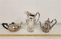 (3) Silver Colored Tea Pots and Water Pitcher-