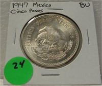 1947 BU MEXICO SILVER CINCO PESOS COIN