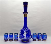 Mary Gregory Cobalt Bohemia Glass Decanter Set