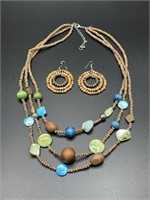 Wooden bead & shell necklace earring set