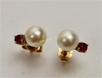 CULTURED PEARL AND RUBY EARRINGS