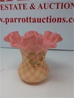Fenton burmese glass vase painted by S. Fisher