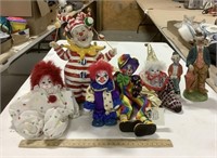 7 clown figurines- porcelain, ceramic, cloth