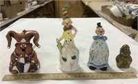 4 Clown bells- clue, ceramic, brass