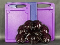 3 Purple Cutting Boards & Purple Glass Egg Plate