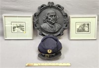 Ben Franklin Plaque; Etchings & Kepi Civil War Hat