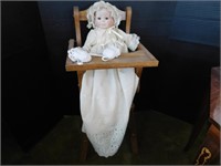Porcelain Treasurer Doll w/Wooden Doll Hi-Chair