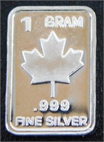 1 gram Silver Ingot - Maple Leaf, .999 Fine