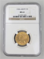 1908 Fine Gold Liberty Five Dollar Coin.