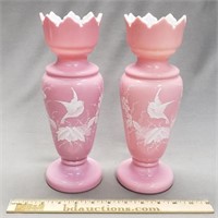 Pair of Painted Victorian Bristol Pink Glass Vases