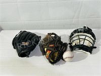 2 Easton ball gloves, mask & ball