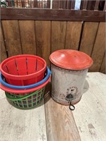 antique waste basket, plastic baskets