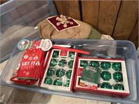 tote of christmas decor, tree skirt