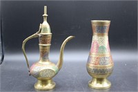 Engraved Brass Vase & Miniature Teapot