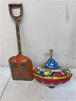 Antique tin toy top and shovel