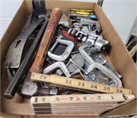 TRAY OF TOOLS, C CLAMPS, HAMMERS TOOLS