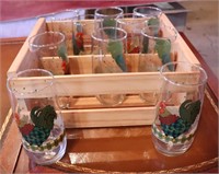Wooden crate w/ 8 rooster drinking glasses