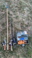 Fishing spear, fishing poles, tackle box